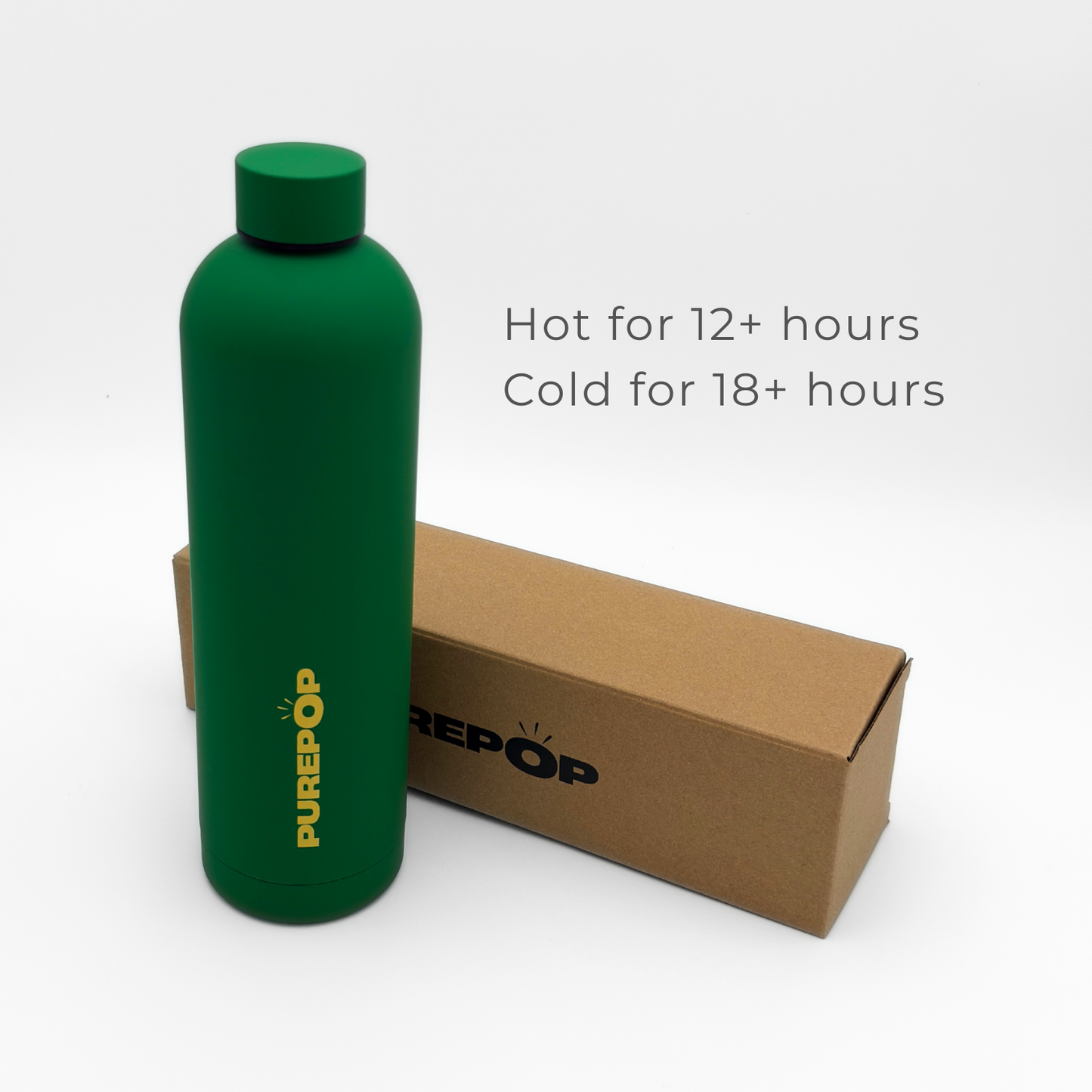 A Core Series Plus | Green & Gold flask stands next to a brown box. Text reads: Hot for 12+ hours, Cold for 18+ hours. Crafted from double-walled stainless steel, this leakproof flask keeps your drinks at the perfect temperature all day long.