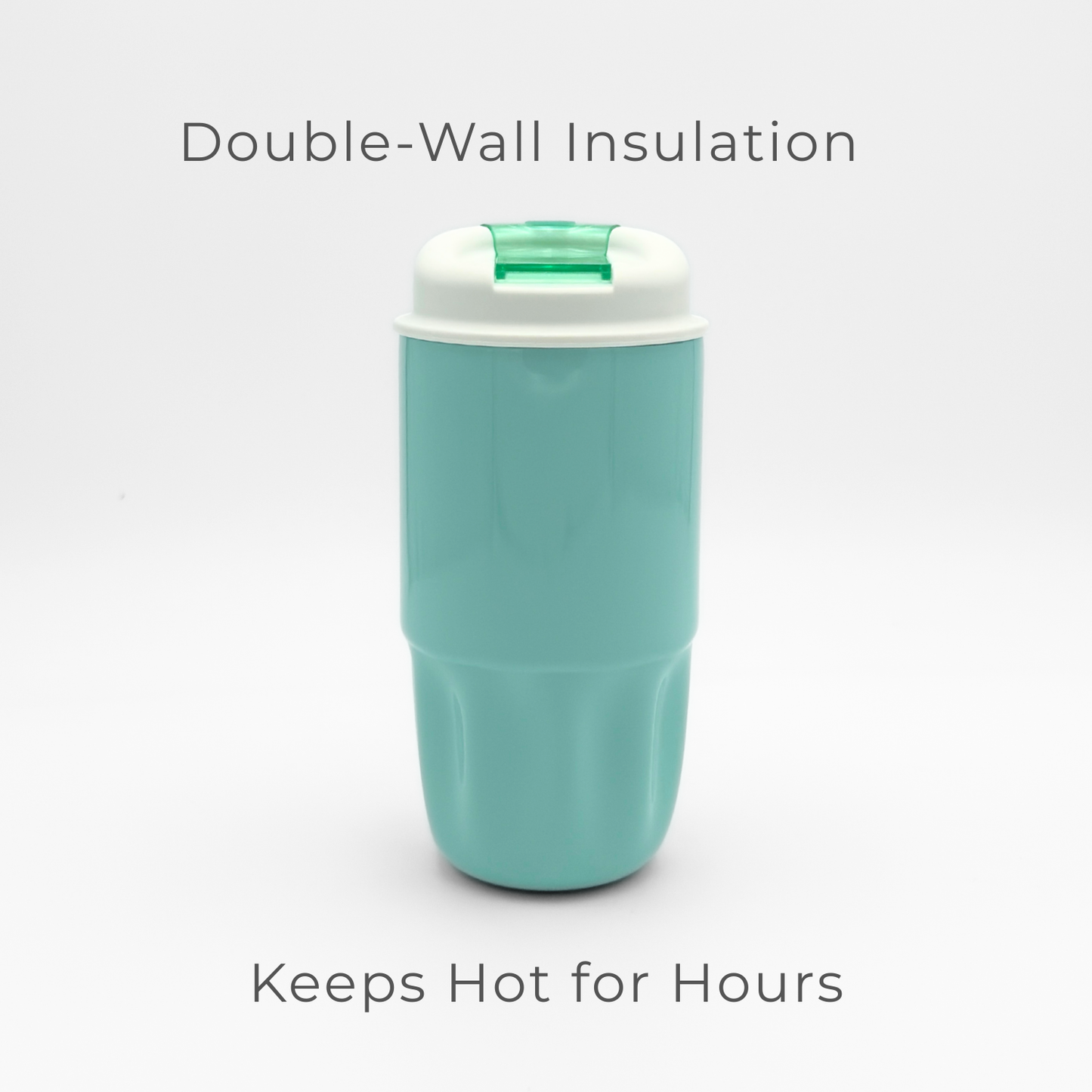 A Sip Series | Soft Aqua insulated travel mug is displayed on a white background, featuring a teal body with a white and green lid. This reusable coffee cup offers double-wall insulation for maximum temperature retention. The text above reads "Double-Wall Insulation," while the text below states "Keeps Hot for Hours.