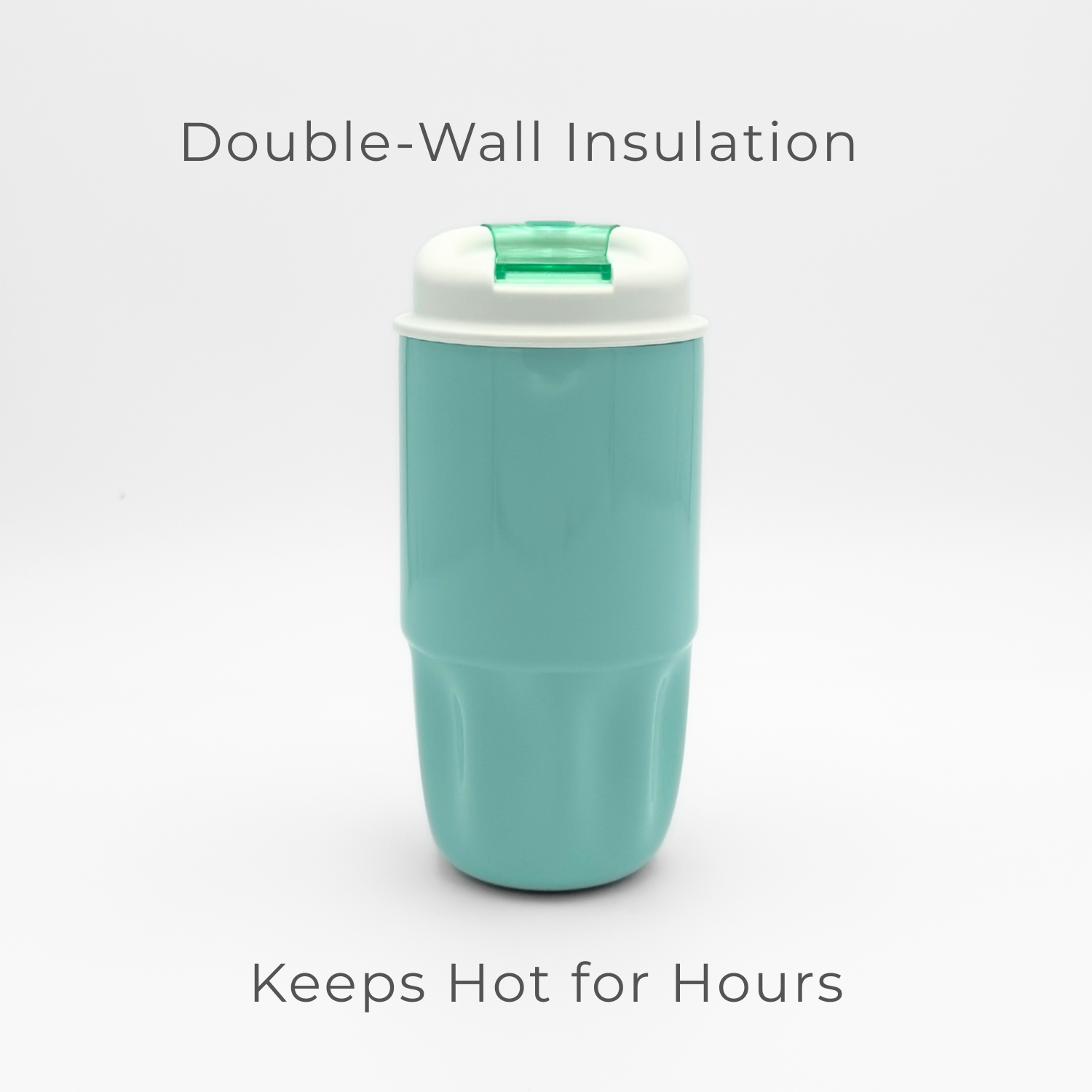 A Sip Series | Soft Aqua insulated travel mug is displayed on a white background, featuring a teal body with a white and green lid. This reusable coffee cup offers double-wall insulation for maximum temperature retention. The text above reads "Double-Wall Insulation," while the text below states "Keeps Hot for Hours.