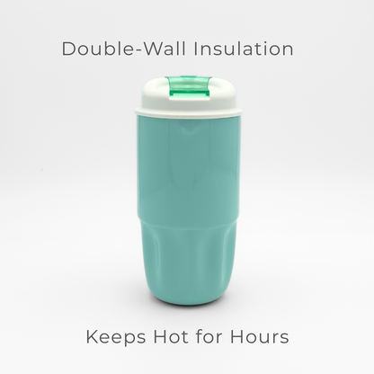 A Sip Series | Soft Aqua insulated travel mug is displayed on a white background, featuring a teal body with a white and green lid. This reusable coffee cup offers double-wall insulation for maximum temperature retention. The text above reads "Double-Wall Insulation," while the text below states "Keeps Hot for Hours.