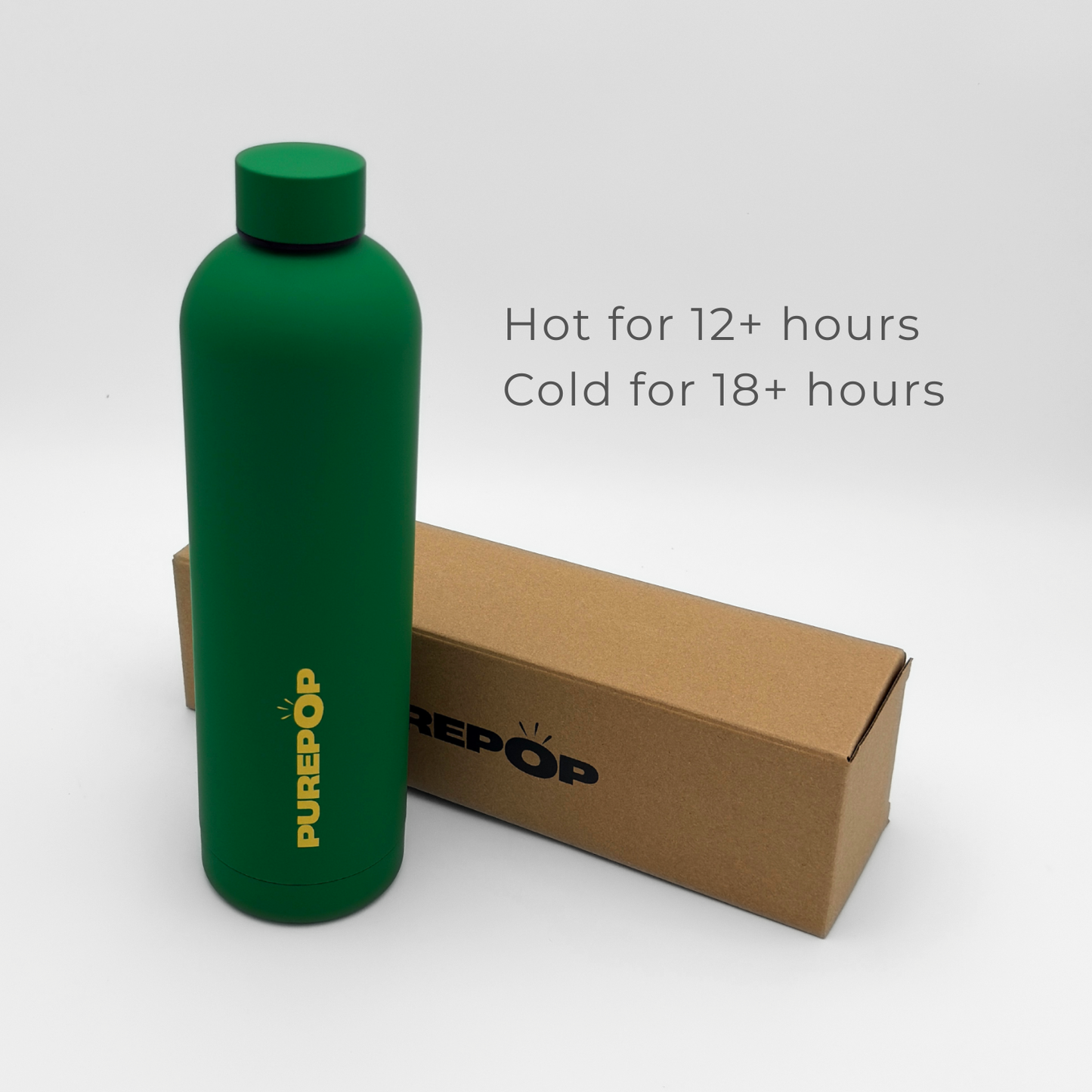 A green Core Series Plus | Green & Gold bottle stands next to a brown box. Text reads: Hot for 12+ hours, Cold for 18+ hours. This double-walled stainless steel insulated flask keeps your drinks at the ideal temperature and is designed to be leakproof for worry-free carrying.