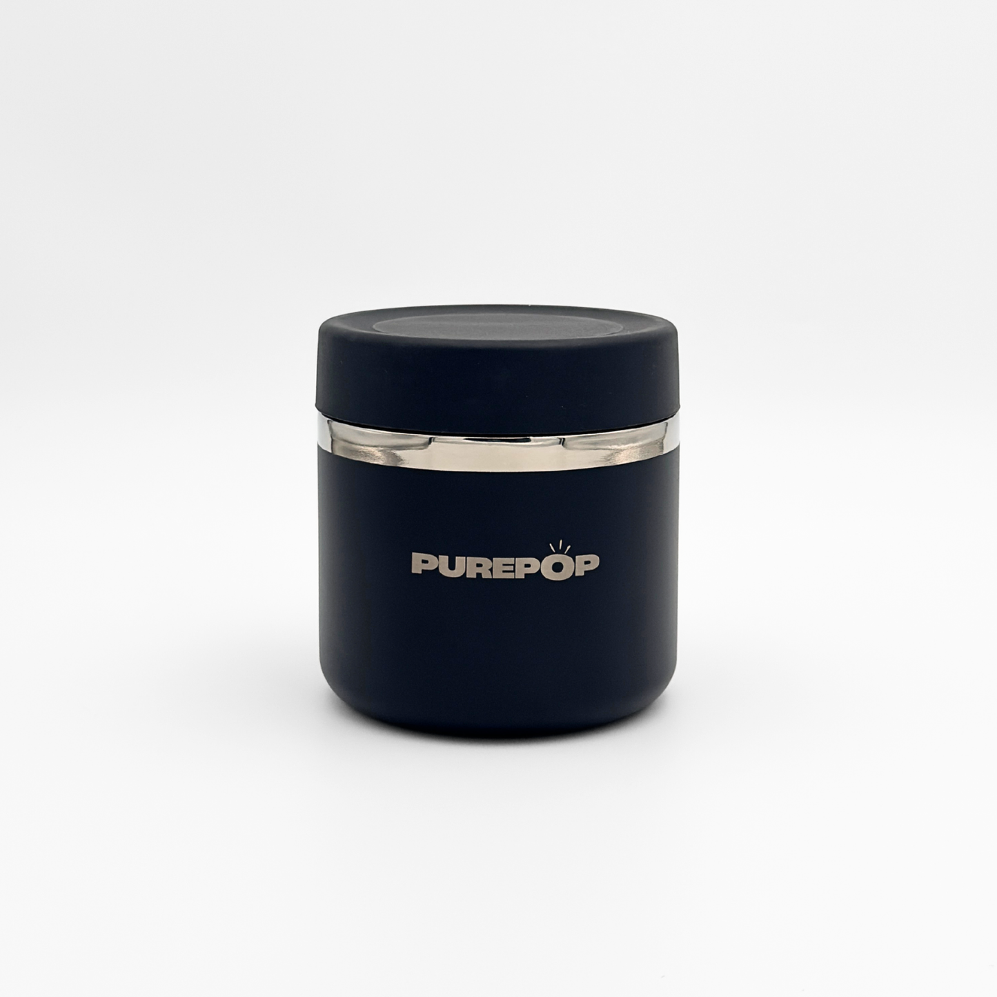 The Purepop Food Flask in Onyx Black is a sleek, black cylindrical container with a silver band and PUREPOP branding on the front, shown against a white background. Ideal for keeping your drink fresh.