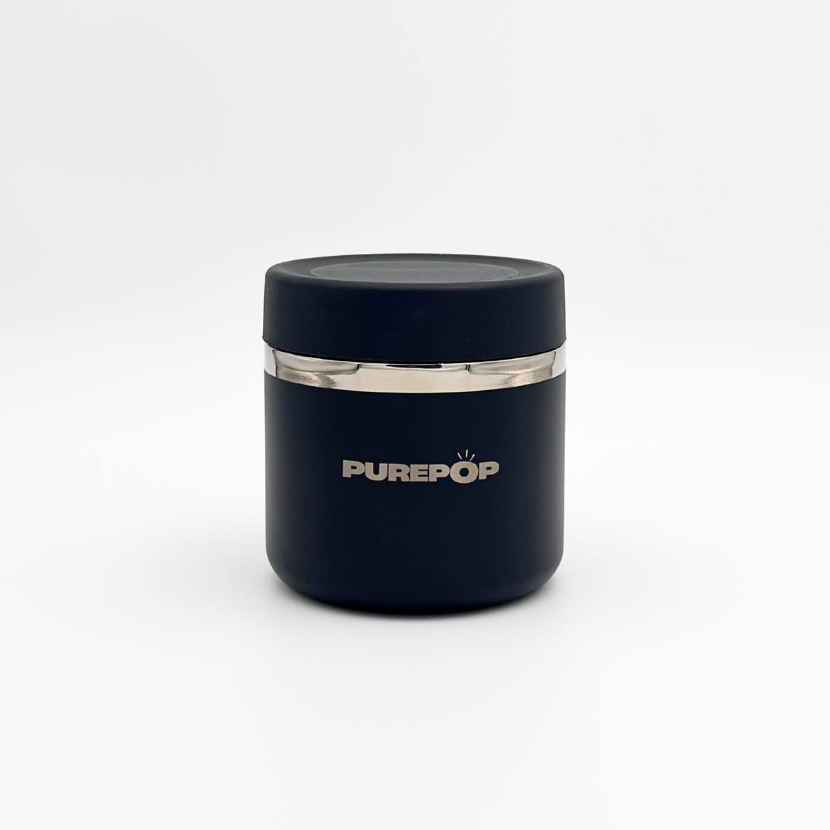 The Purepop Food Flask in Onyx Black is a sleek, black cylindrical container with a silver band and PUREPOP branding on the front, shown against a white background. Ideal for keeping your drink fresh.