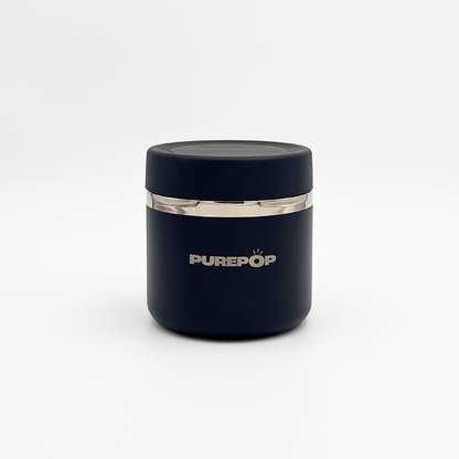 The Purepop Food Flask in Onyx Black is a sleek, black cylindrical container with a silver band and PUREPOP branding on the front, shown against a white background. Ideal for keeping your drink fresh.