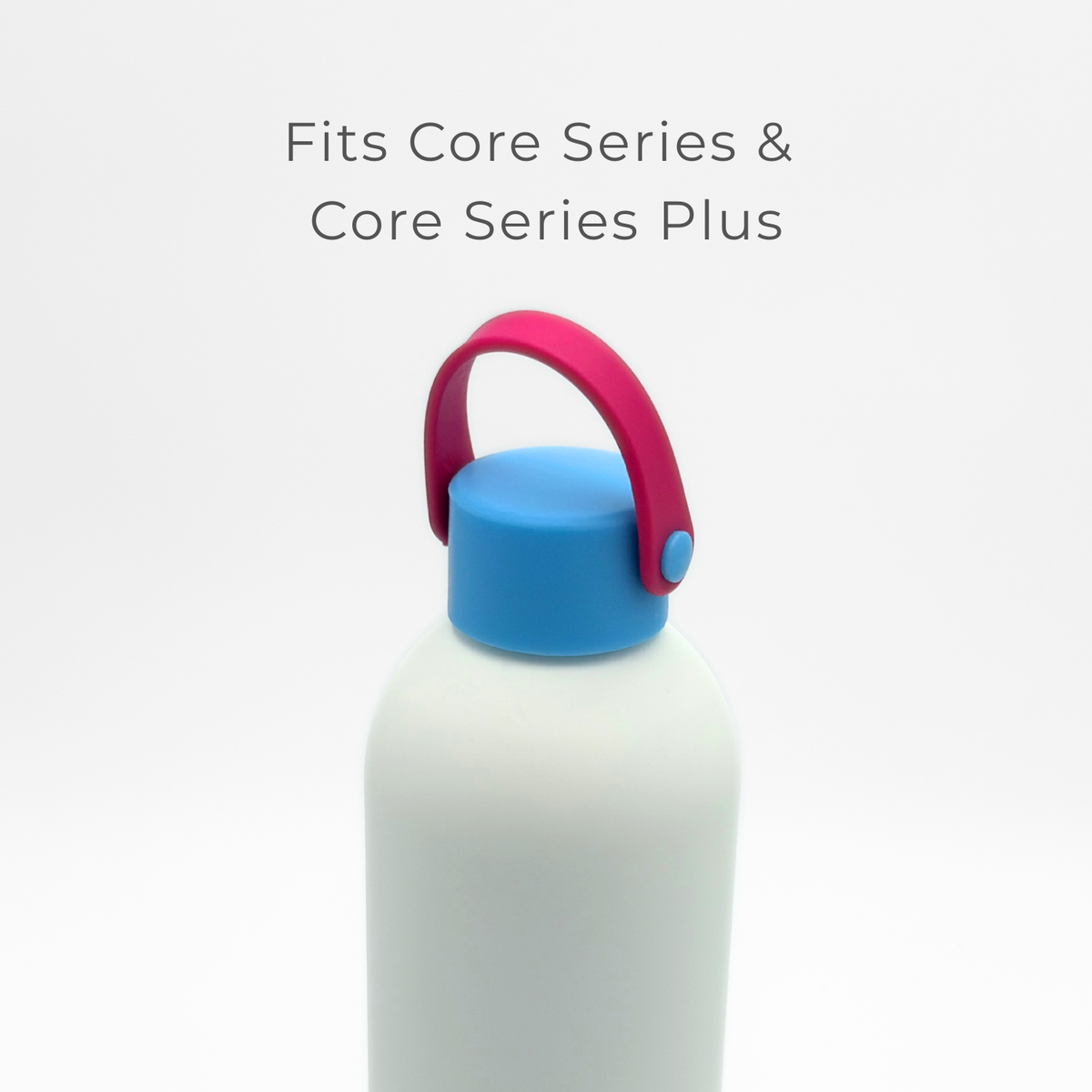 A white bottle with a blue cap and a pink (crimson) carry lid handle is shown. Above it, text reads “Fits Core Series & Core Series Plus.” The background is plain white. The product name is "Core Series | Carry Lid | Crimson & Blue.