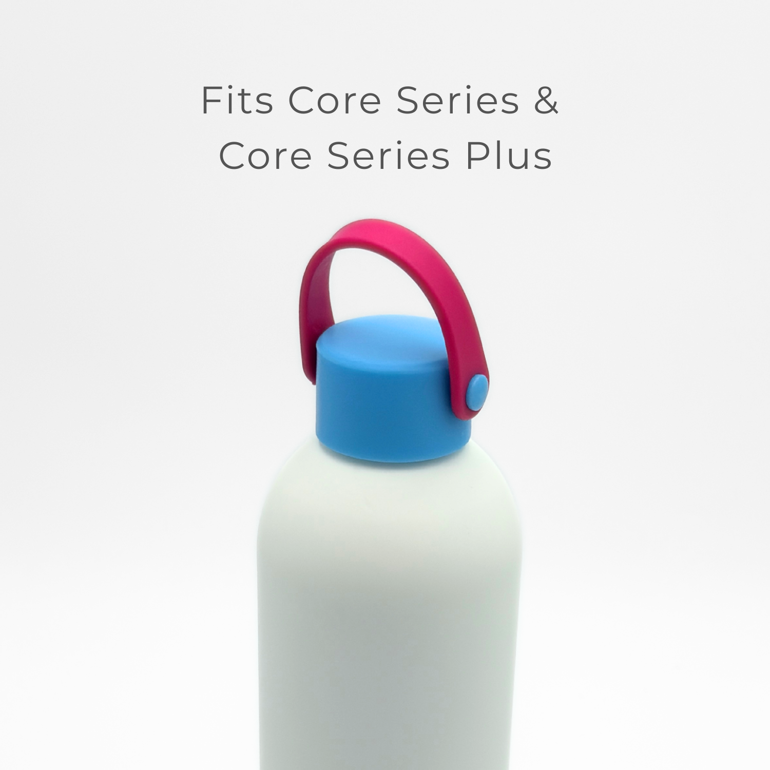 A white bottle with a blue cap and a pink (crimson) carry lid handle is shown. Above it, text reads “Fits Core Series & Core Series Plus.” The background is plain white. The product name is "Core Series | Carry Lid | Crimson & Blue.