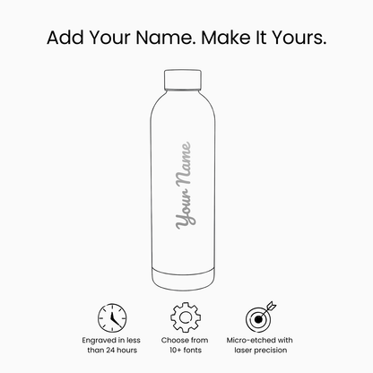 Line drawing of the Core Series | Onyx Black insulated flask with Your Name vertically. Text above: Add Your Name. Make It Yours. Icons highlight leakproof design, fast engraving, 10+ font choices, and laser-etched precision.