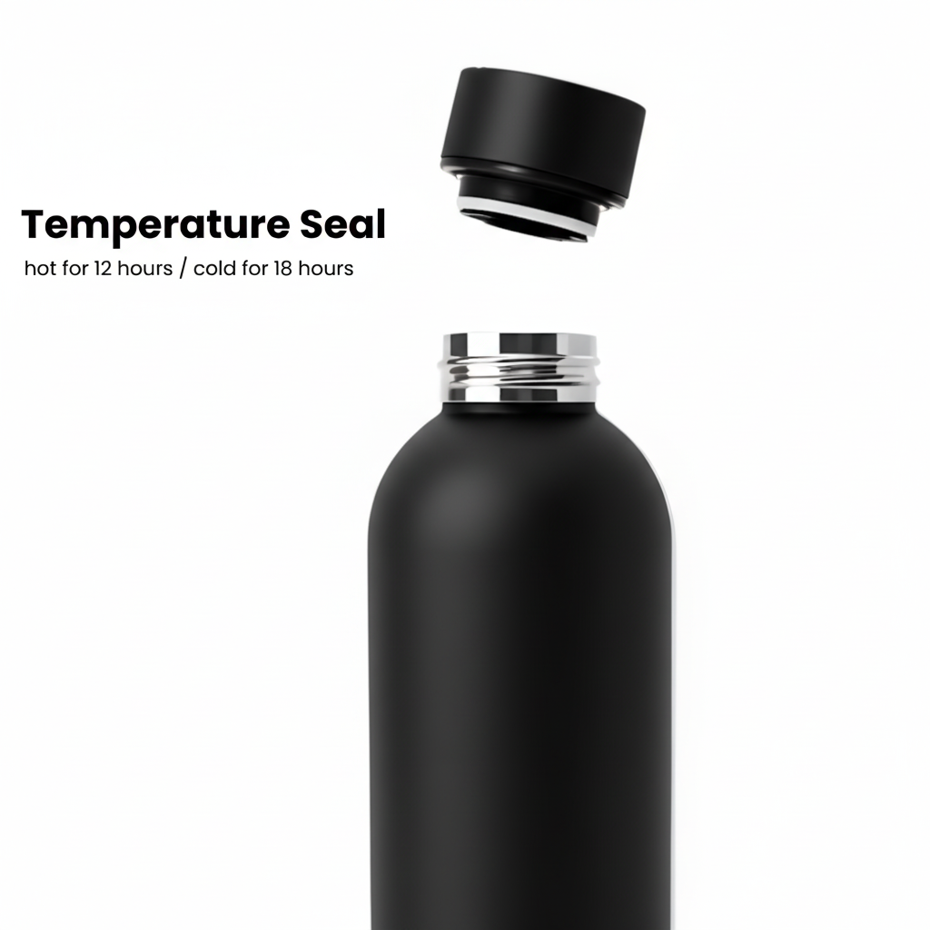 A Purepop Core Series | Onyx Black water bottle with its cap floating above the opening. Text: Temperature Seal—hot for 12h / cold for 18h. Thermally insulated, fits car cup holders. White background.