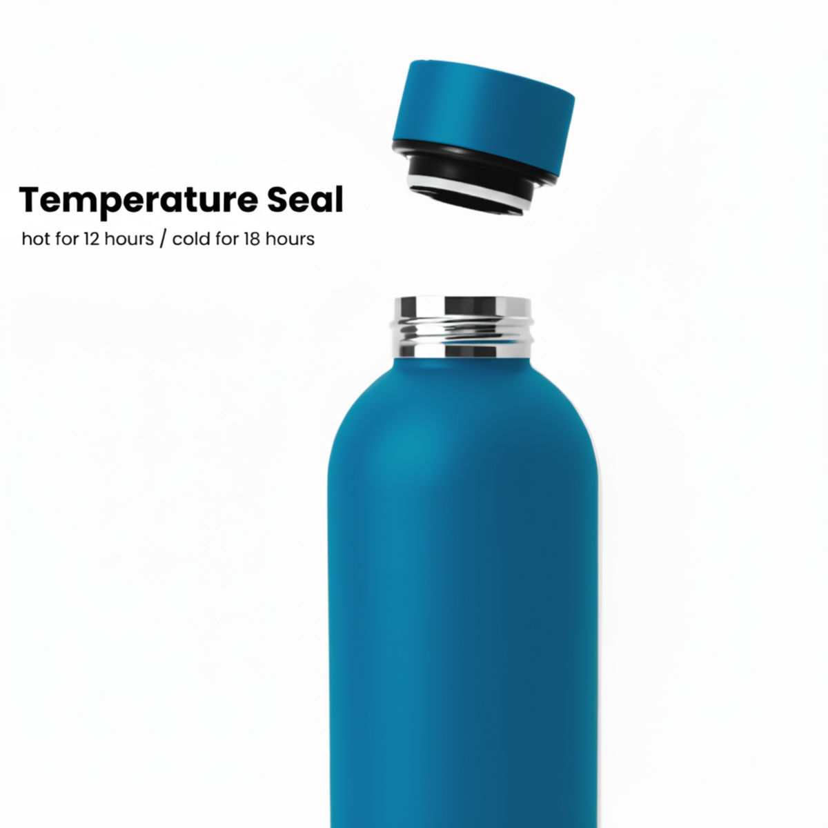 A Purepop Core Series | Ocean Blue leakproof bottle with lid floating above the opening. Text: Temperature Seal—hot 12h / cold 18h. The white background highlights this thermal bottle, ideal for daily use.