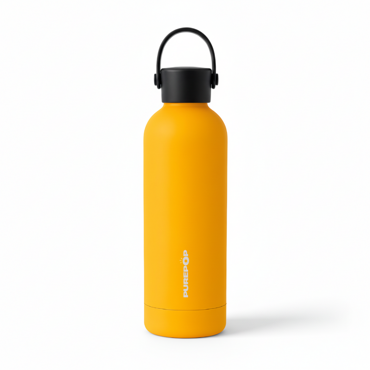 A bright yellow Purepop Core Series | Carry Lid thermal flask with a black screw-on lid and built-in handle, featuring the Purepop logo printed vertically on the front, standing upright on a white background.