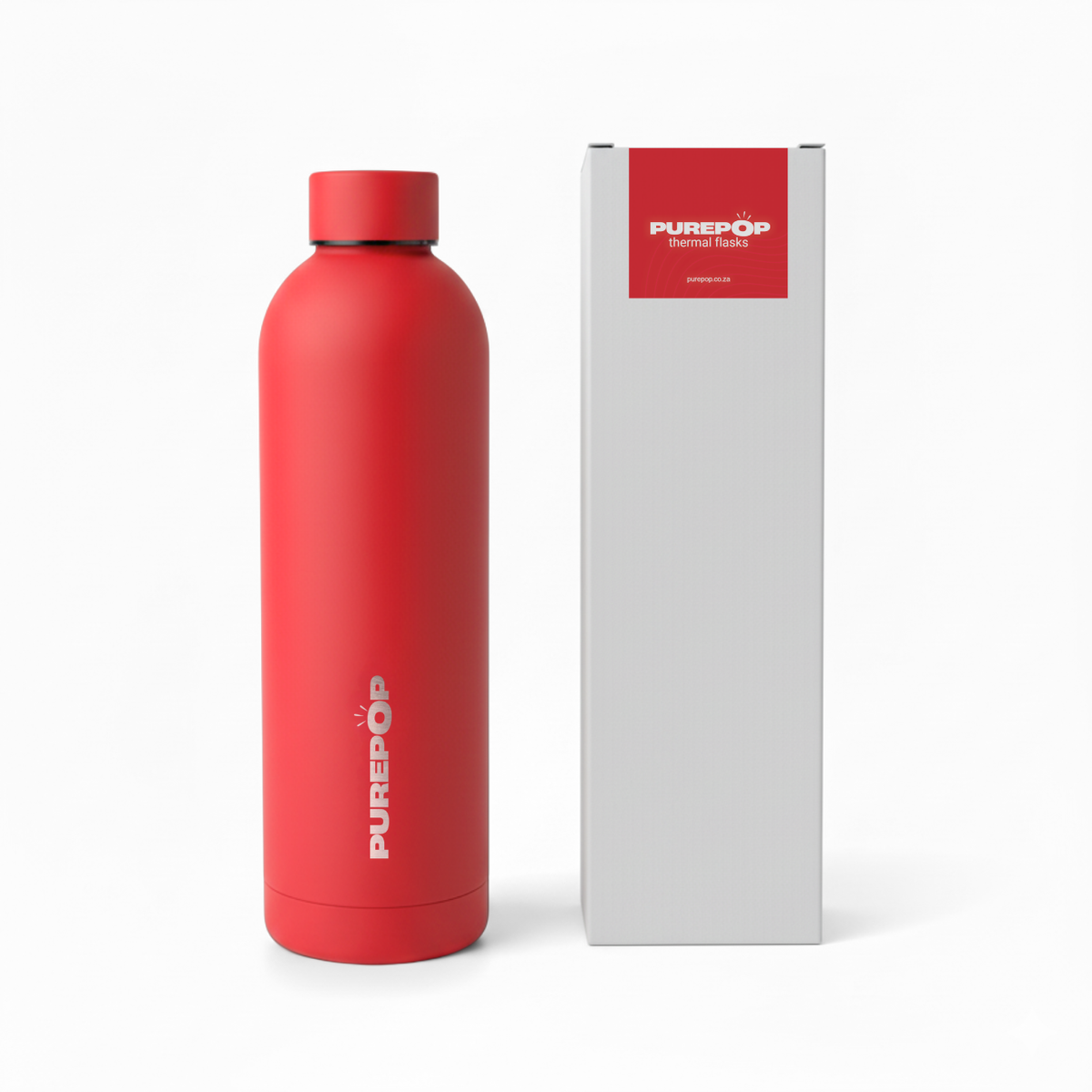 A Purepop Core Series | Crimson Red leakproof water bottle stands next to its tall white box with a red label displaying the brand and product name. The background is plain white.