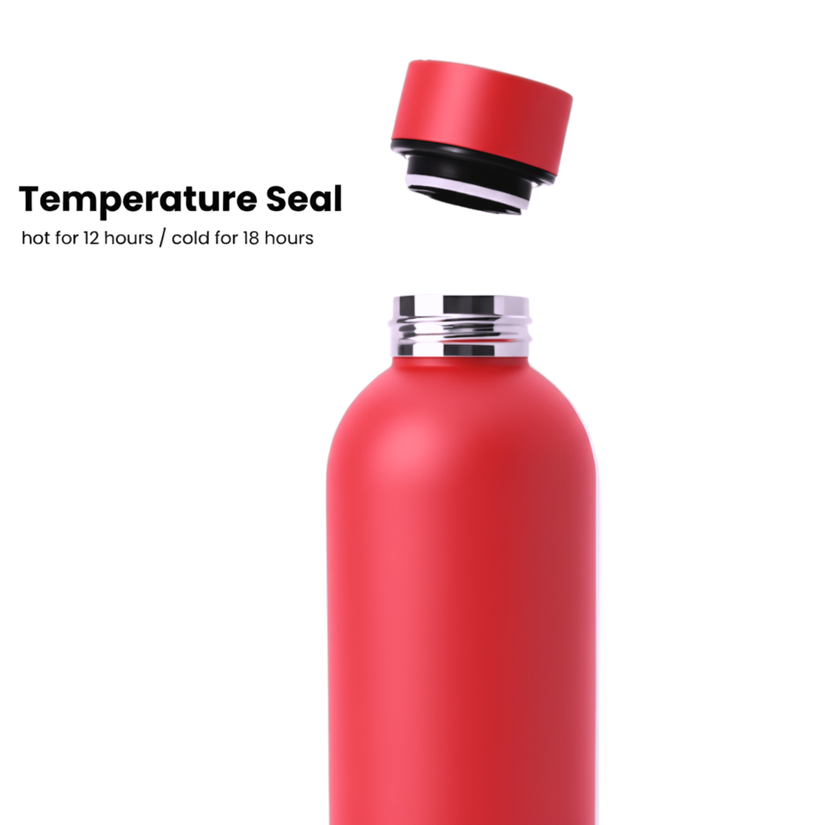 The Purepop Core Series | Crimson Red leakproof water bottle is shown with its cap floating above and the text: Temperature Seal - hot for 12 hrs / cold for 18 hrs. Designed to fit car cup holders, displayed on a white background.