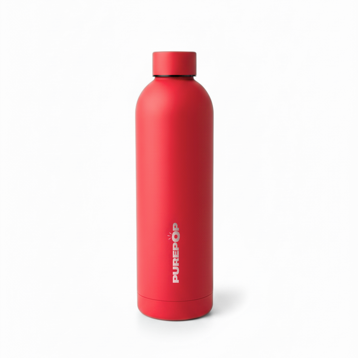 The Core Series | Crimson Red water bottle by Purepop features a leakproof design, matching screw-on cap, and PUREPOP printed vertically in white. It fits most car cup holders and is shown upright on a plain white background.