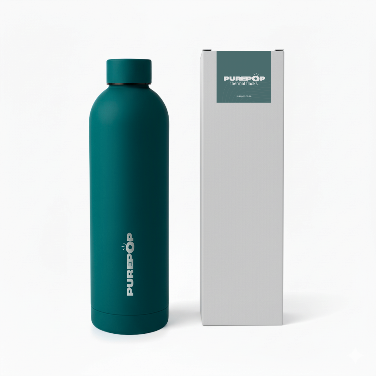 A Deep Teal Core Series Purepop leakproof water bottle stands upright beside its white box with a teal label displaying the Purepop brand. The thermal flask provides excellent insulation, all set against a plain white background.