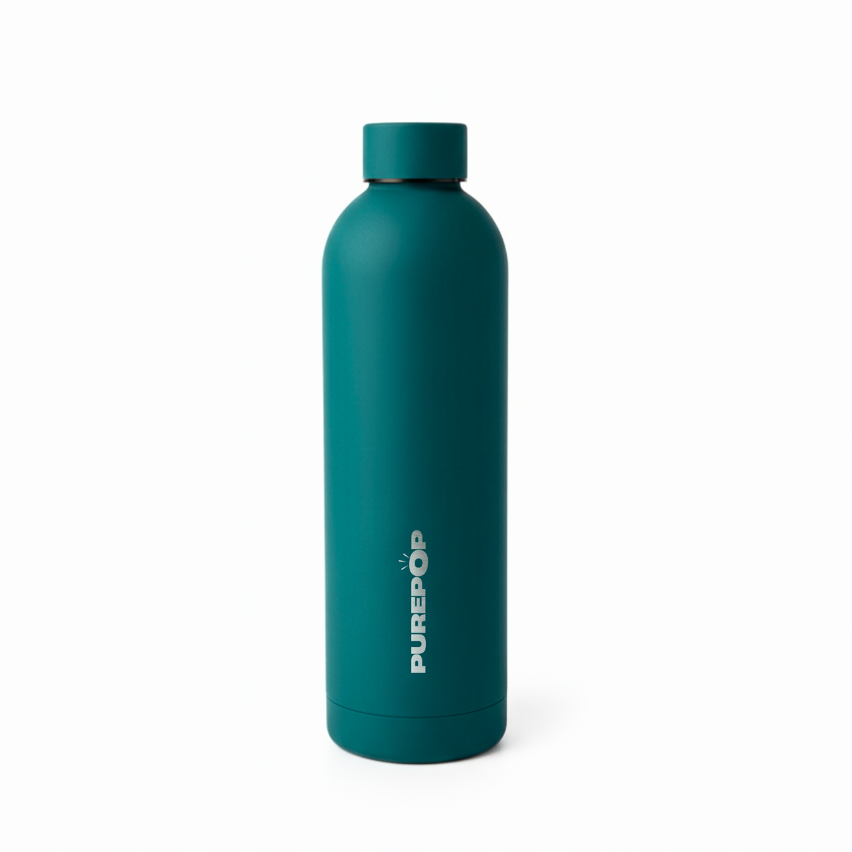 The Purepop Core Series | Deep Teal is a matte teal, leakproof, thermally insulated water bottle with "PUREPOP" printed vertically in white on its side, shown upright against a plain white background.