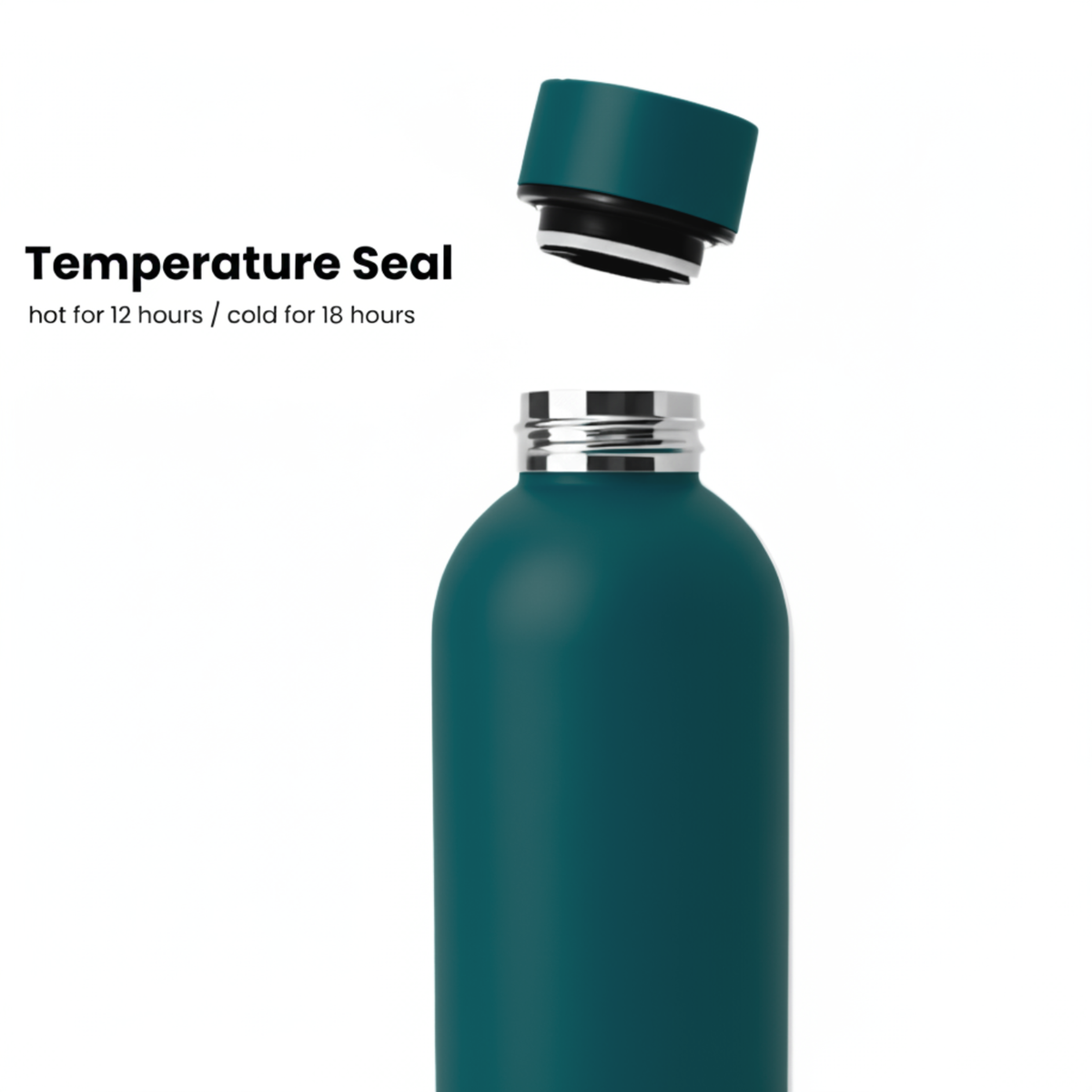 A Deep Teal Core Series water bottle by Purepop with its cap floating above, showcasing thermal insulation. Text: Temperature Seal - hot for 12 hrs / cold for 18 hrs. White background.