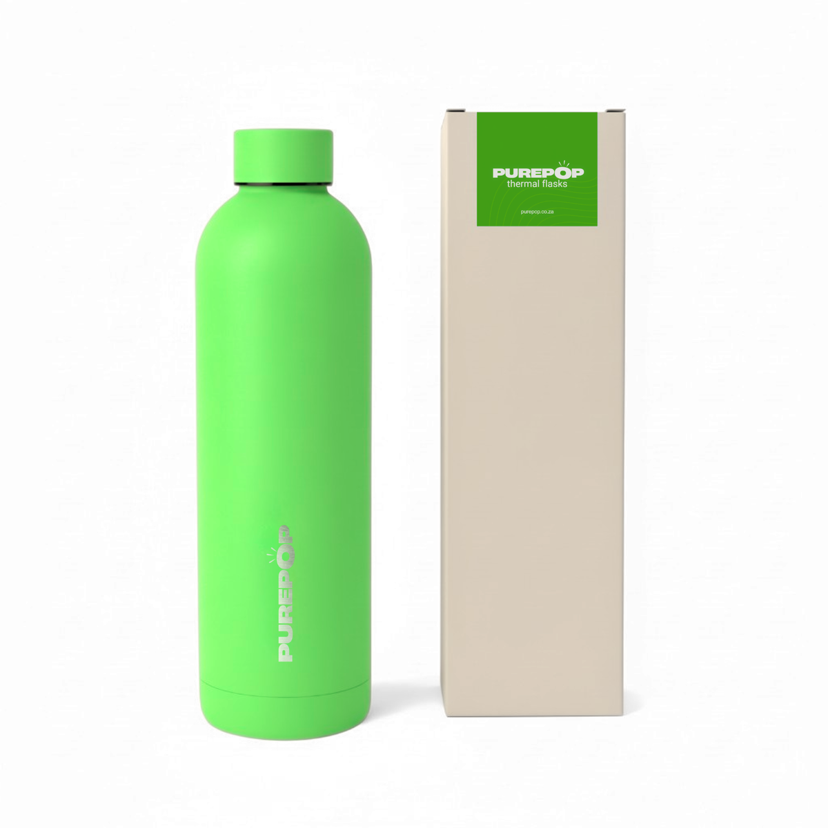 A vibrant Core Series | Electric Green bottle by Purepop stands upright beside its beige box with a green label showing the brand and flask details. The plain white background highlights the bottle’s bright, leakproof design and thermal insulation.