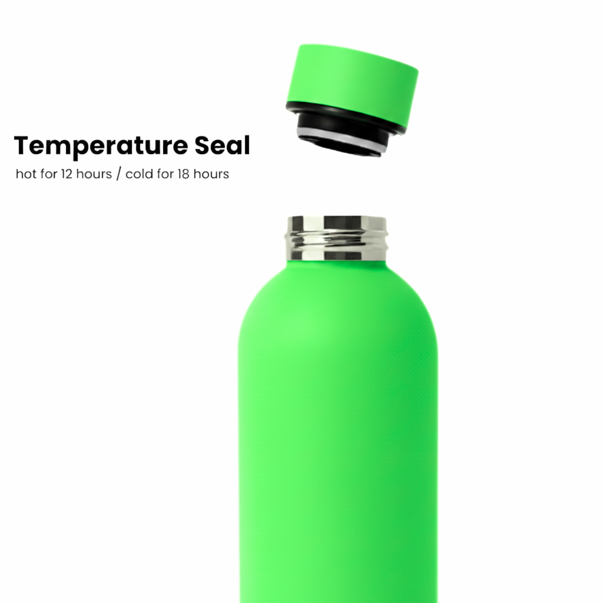 A vibrant Purepop Core Series Electric Green bottle with floating lid exposes its opening. Text: "Temperature Seal. Hot 12hrs / Cold 18hrs." Sleek design fits most car cup holders. Set against a white background.