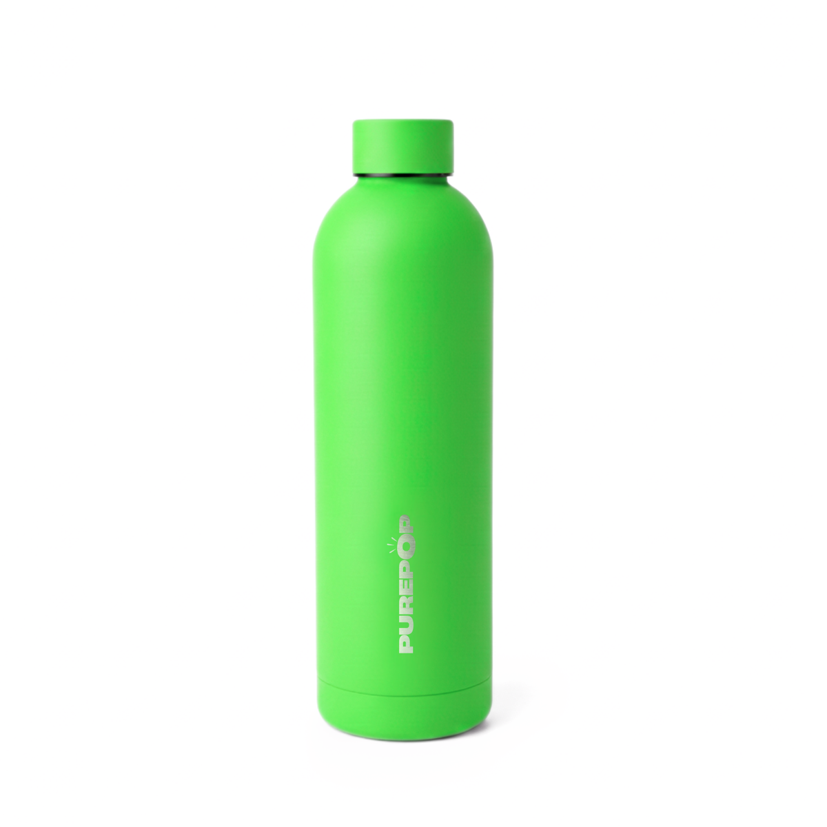 The Purepop Core Series | Electric Green is a bright green cylindrical, leakproof water bottle with a matching cap. "PUREPOP" is printed vertically in white on its side, and it stands out against a plain white background.