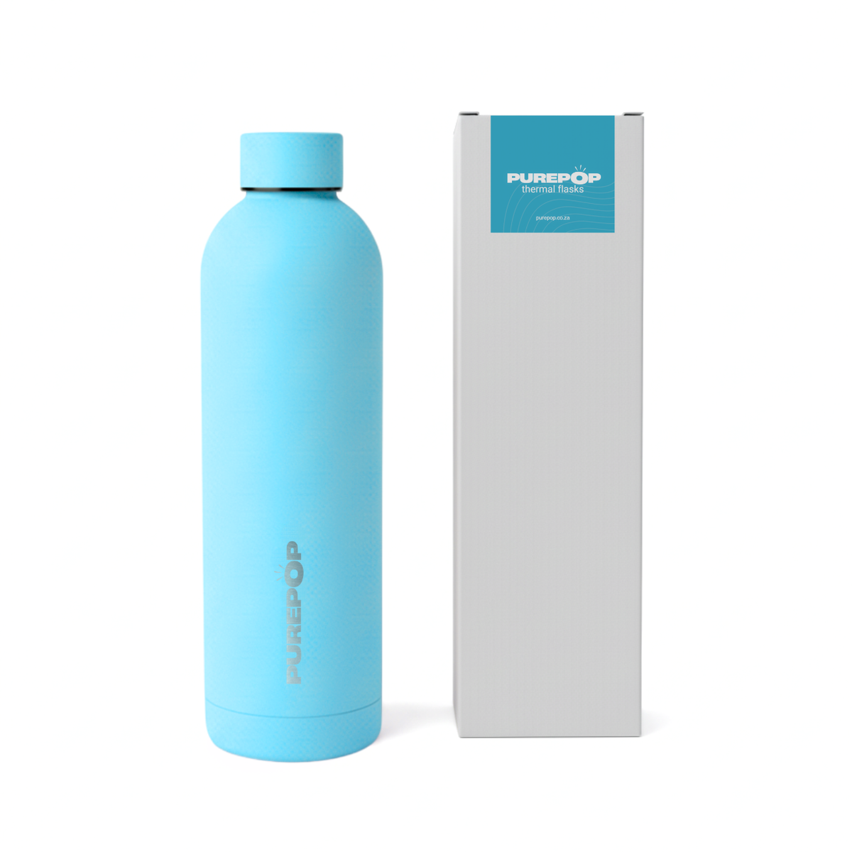 A Frost Blue Purepop Core Series hot and cold flask stands upright next to its white rectangular box, featuring a blue label with the Purepop logo on the upper front side.