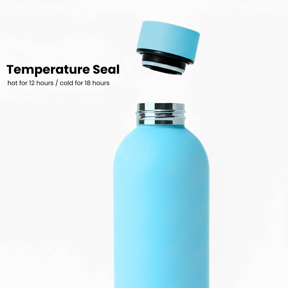 The Purepop Core Series | Frost Blue leakproof bottle with a detached lid hovers above its opening. Next to it, text reads: Temperature Seal—keeps drinks hot for 12 hours and cold for 18 hours. The background is minimalistic white.