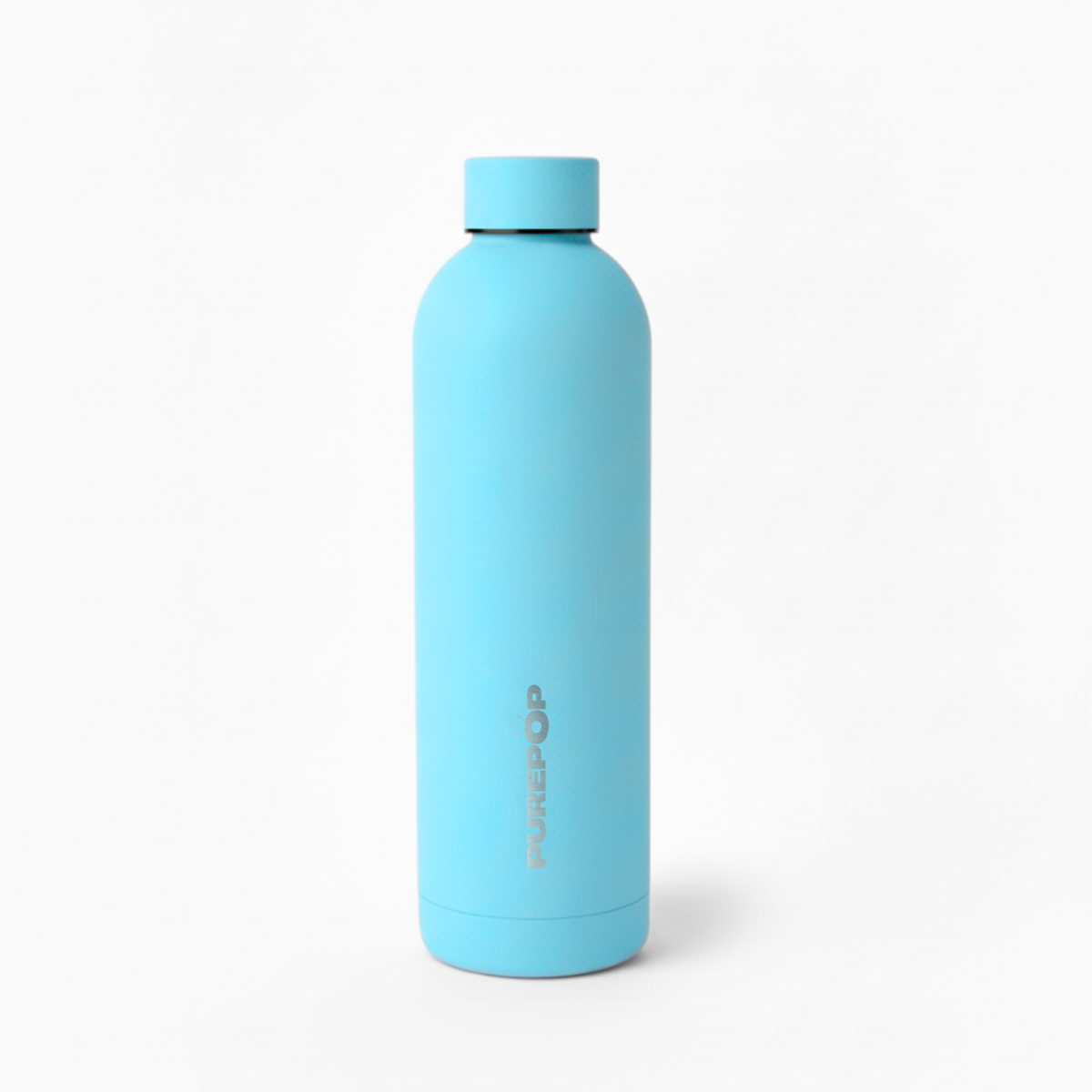 A sleek, Frost Blue Core Series Purepop bottle with a screw-on lid stands upright against a plain white background. "PUREPOP" appears vertically in silver on the front.