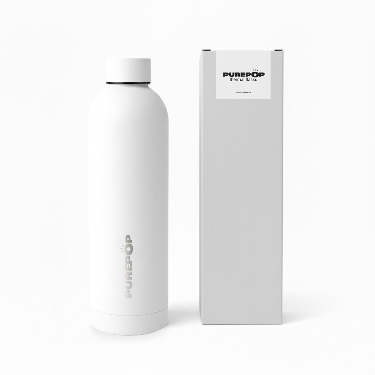 The Purepop Core Series | Frost White thermal flask, featuring thermal insulation and the PUREPOP logo, sits by its matching box on a white background. Its size fits most car cup holders.
