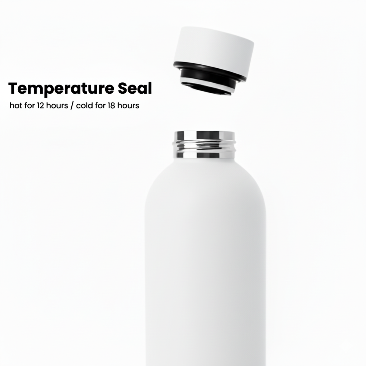 A Frost White Core Series insulated bottle by Purepop, its lid floating above, highlights thermal insulation: hot for 12 hours, cold for 18. Fits most car cup holders. Set against a plain white background.