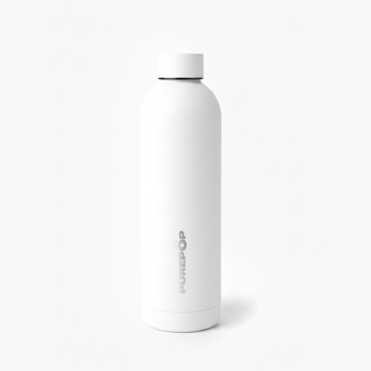 The Purepop Core Series | Frost White is a sleek, white reusable water bottle with thermal insulation and a round cap, featuring PUREPOP printed vertically in silver on its side, displayed against a plain white background.