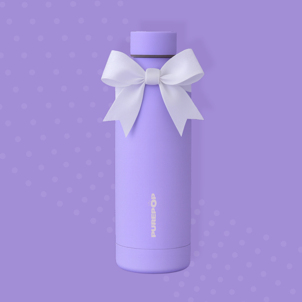 A lavender water bottle with a white bow stands upright on a matching polka-dot background. The word PUREPOP is printed vertically, making this scene ideal for a printable design or pairing with a Gift Card.