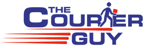 Logo of The Courier Guy with a stylized blue figure holding a red package, running across the bold blue text. Red speed lines below Courier highlight its express delivery service.