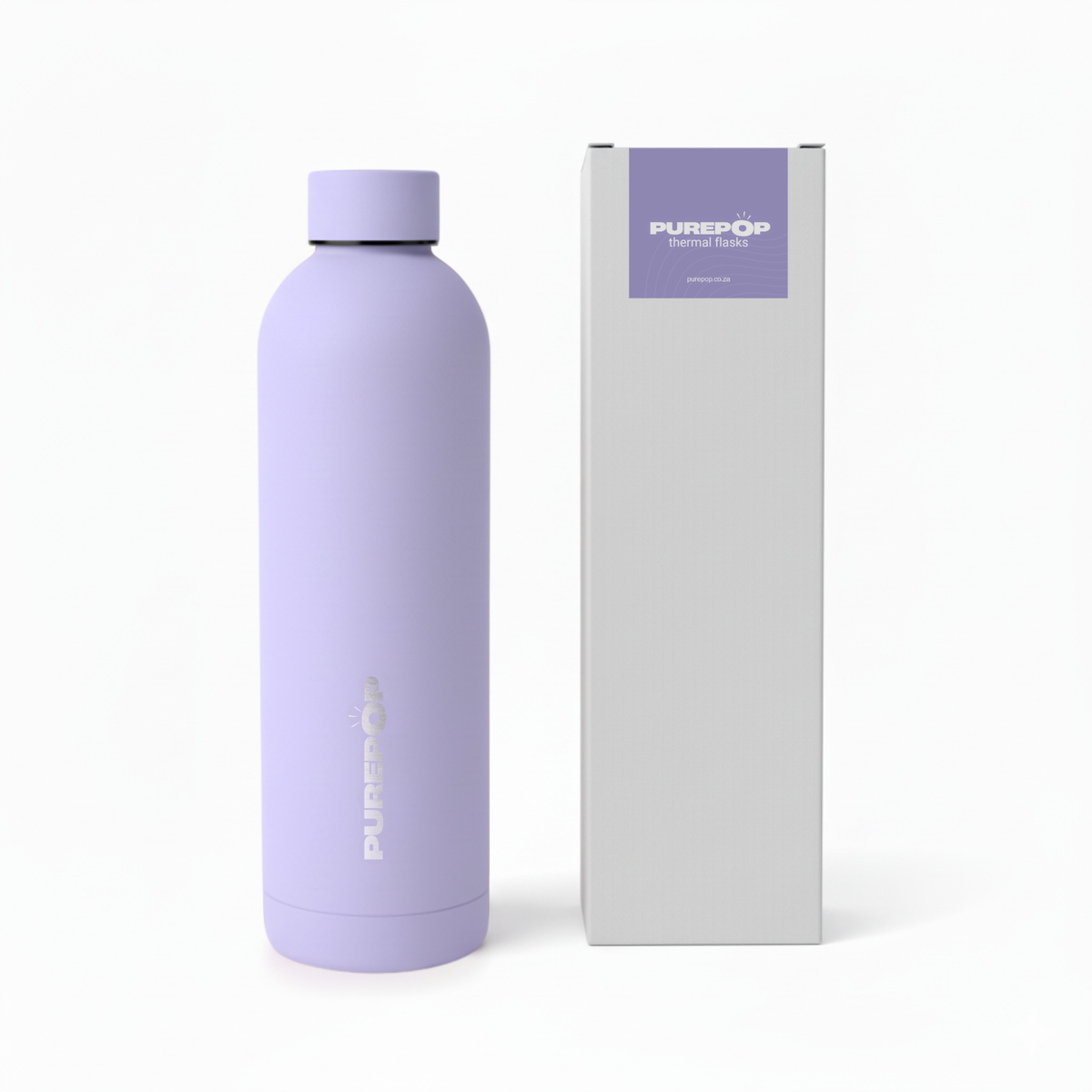 A Purepop Core Series | Lavender Purple leakproof, thermal-insulated water bottle is displayed beside its matching white and lavender box against a white background.