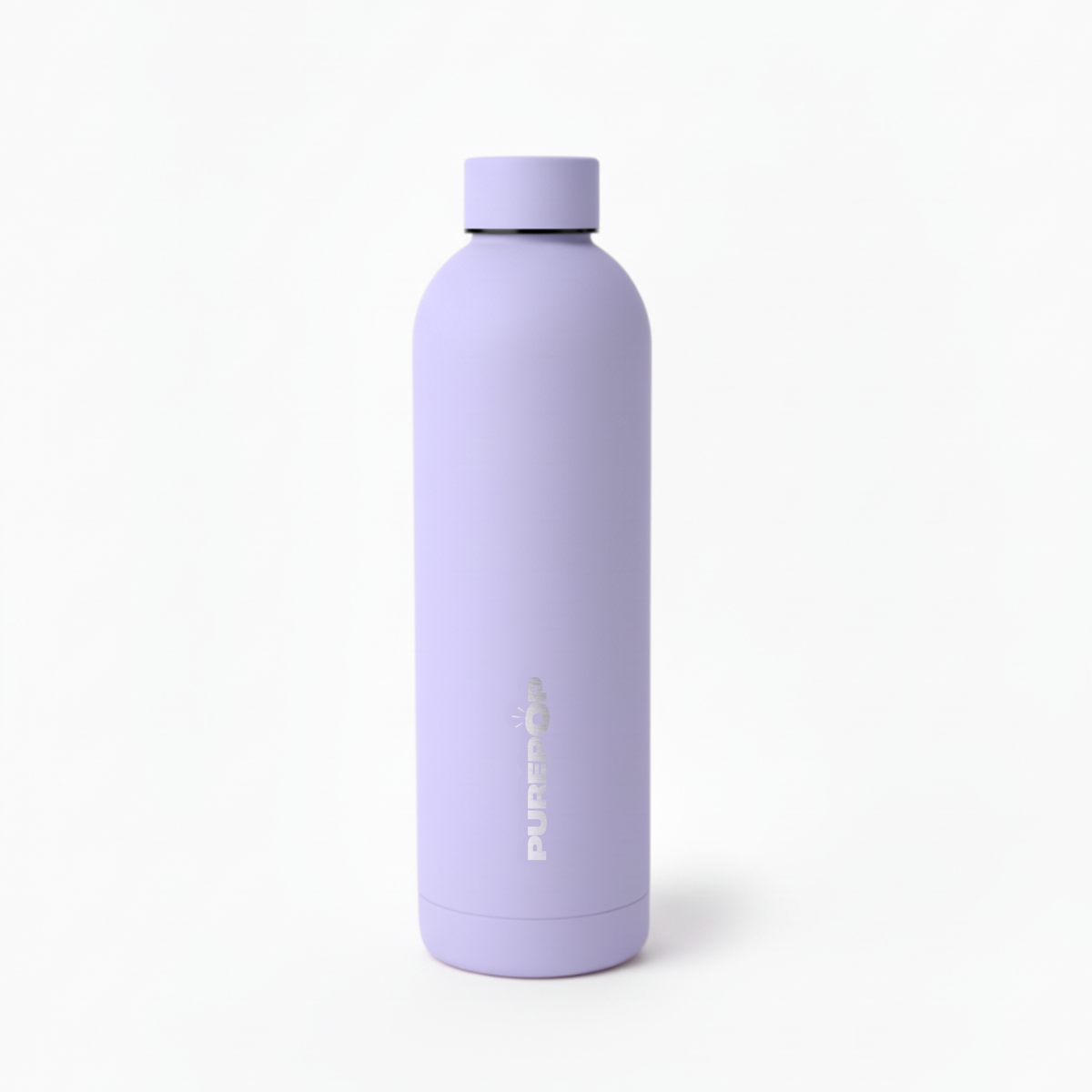 The Core Series | Lavender Purple by Purepop is a matte light purple, leakproof water bottle with a screw-on lid. Its cylindrical shape fits car cup holders, and PUREPOP is printed vertically in silver on the bottle. Set against a plain white background.