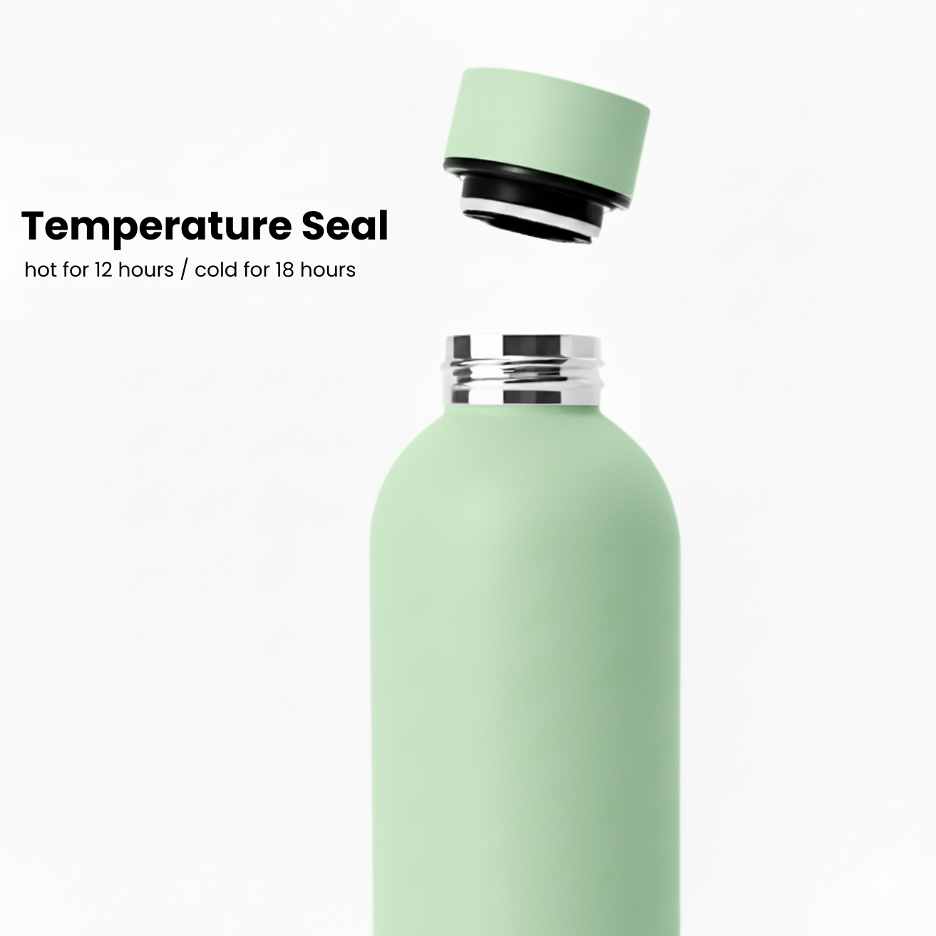A Purepop Core Series | Mint Green insulated bottle with cap floating above, showing its metal interior. Text: “Temperature Seal—hot for 12 hrs / cold for 18 hrs.” Excellent insulation and fits most car cup holders.
