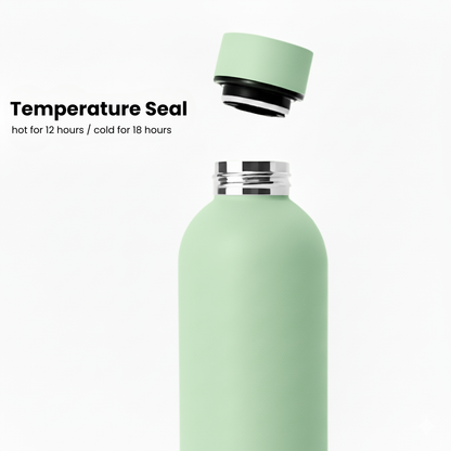 A Purepop Core Series | Mint Green insulated bottle with cap floating above, showing its metal interior. Text: “Temperature Seal—hot for 12 hrs / cold for 18 hrs.” Excellent insulation and fits most car cup holders.