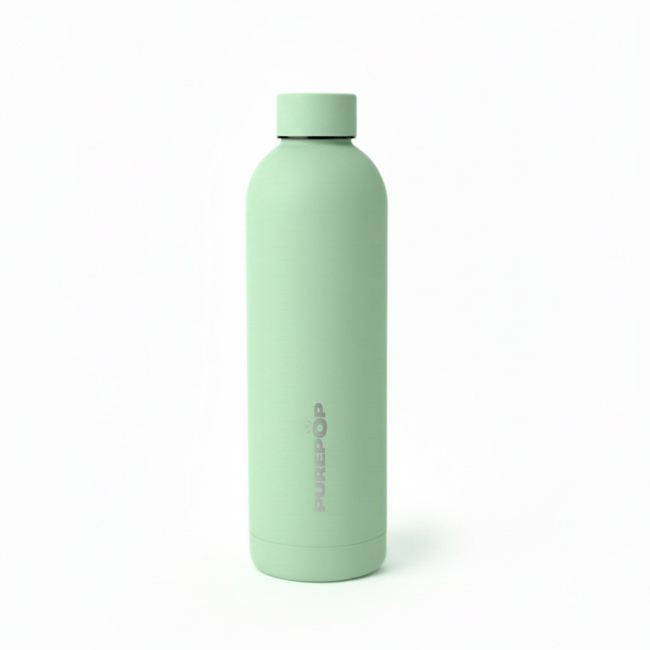 The Purepop Core Series | Mint Green is a reusable, leakproof water bottle with thermal insulation and a matching screw-on cap. "PUREPOP" is printed vertically on the side. Fits most car cup holders.