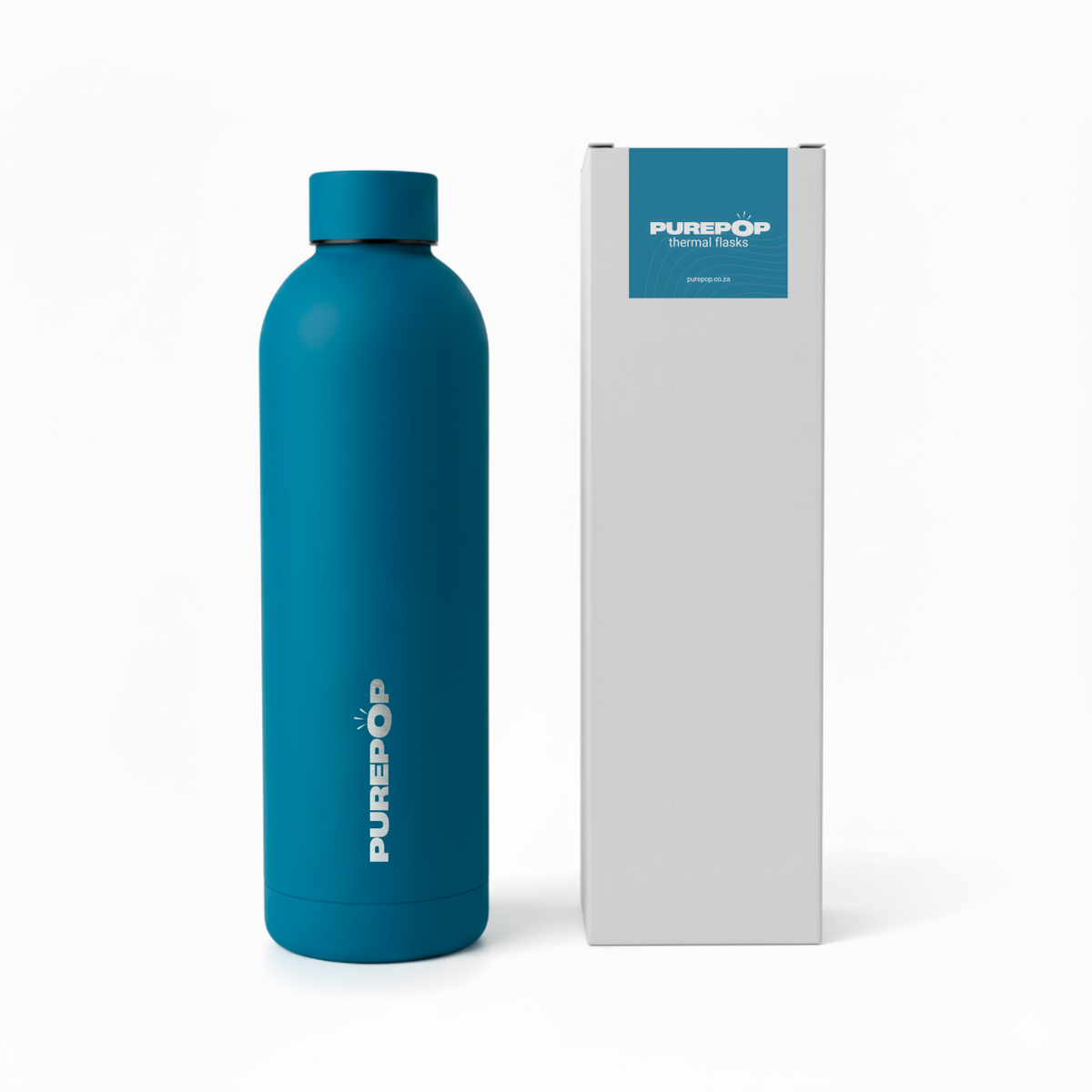 A Purepop Core Series | Ocean Blue thermal insulation water bottle stands upright next to its white box with a blue top label. The leakproof bottle features a modern design and displays the brand name vertically.