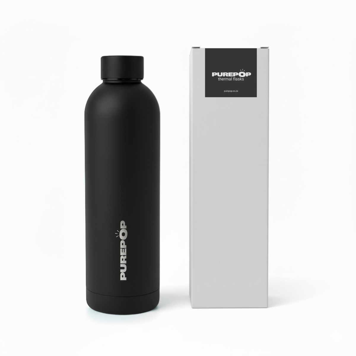 A matte black thermal flask, Purepop Core Series | Onyx Black, stands beside its matching white box on a white background. This leakproof bottle fits car cup holders and offers excellent thermal insulation.