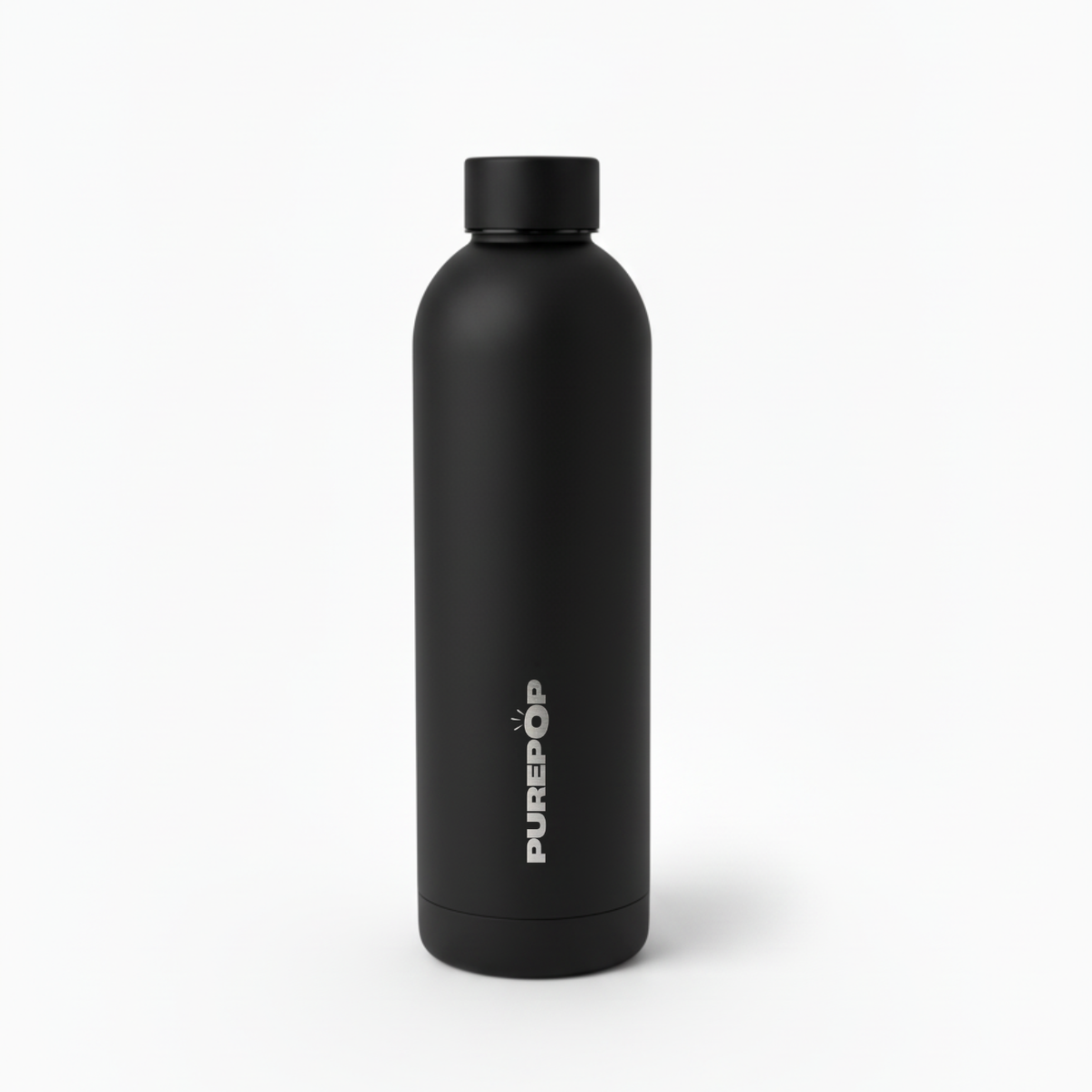 The Purepop Core Series | Onyx Black is a matte black, leakproof water bottle with thermal insulation and PUREPOP printed vertically in white letters on the front, shown standing upright against a white background.