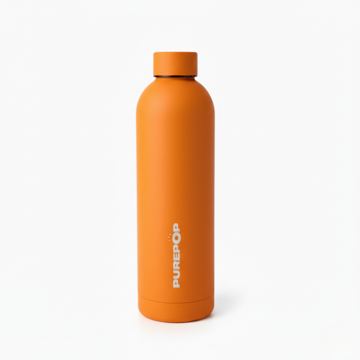 A tall, cylindrical Core Series | Sunset Orange water bottle by Purepop, leakproof and thermally insulated with a matching screw-on lid. “PUREPOP” is printed vertically in white on the side, set against a plain white background.