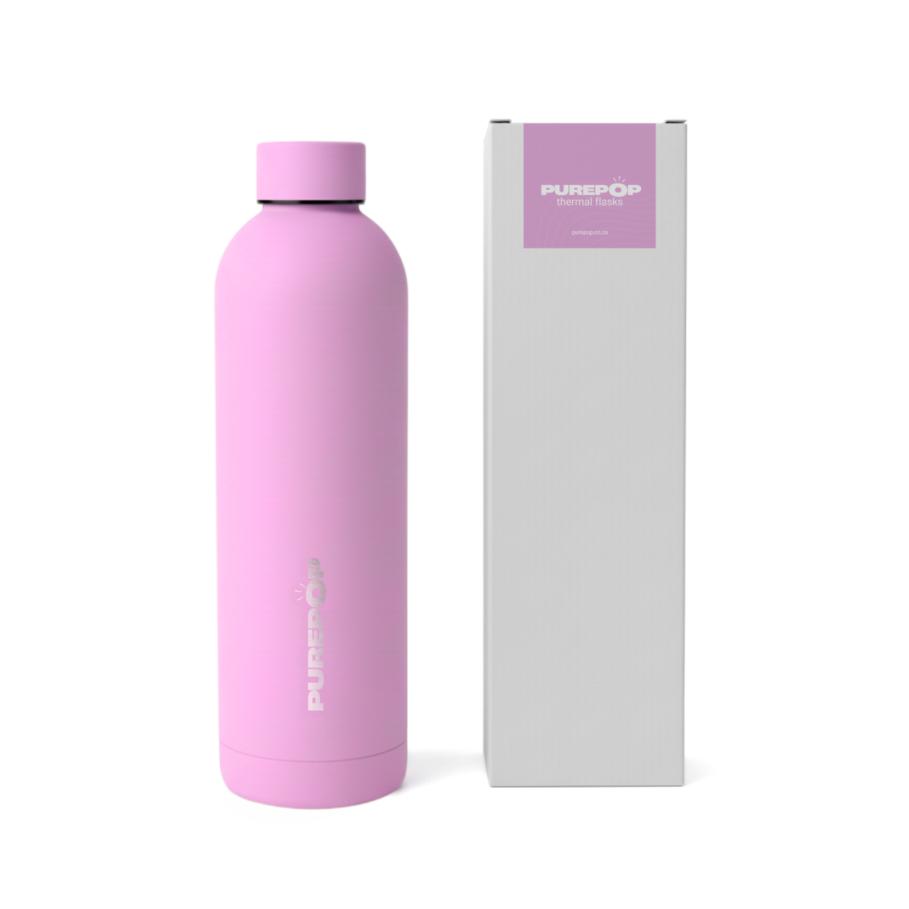A matte pink Purepop Core Series | Pretty Pink thermal insulated bottle stands beside its matching white and pink box, featuring the Purepop branding. This leakproof bottle fits car cup holders for hydration on the go.