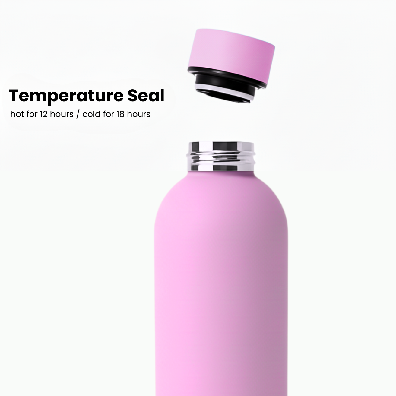A Purepop Core Series | Pretty Pink thermal bottle with matching lid floats above “Temperature Seal” text, keeping drinks hot for 12h or cold for 18h. Designed to fit car cup holders for on-the-go convenience.