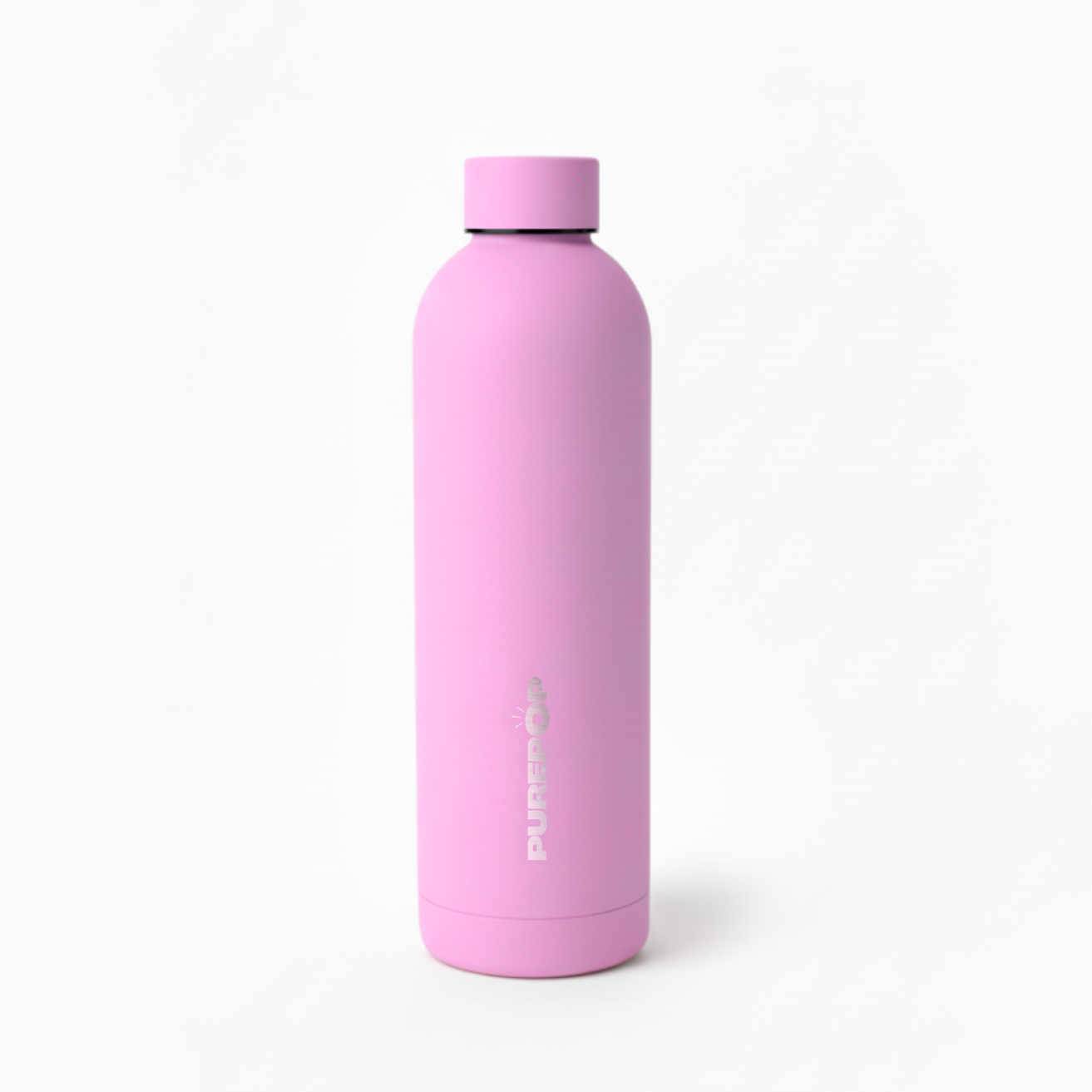 The Purepop Core Series | Pretty Pink is a tall, cylindrical thermal insulated bottle with a matching screw-on cap and silver "PURE" printing, standing upright on a white background. It fits car cup holders.