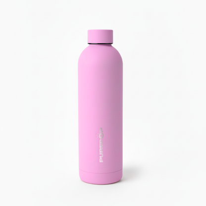 The Purepop Core Series | Pretty Pink is a tall, cylindrical thermal insulated bottle with a matching screw-on cap and silver "PURE" printing, standing upright on a white background. It fits car cup holders.