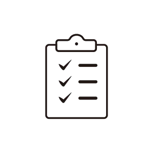 A simple black outline of a clipboard with three checkmarks and three horizontal lines, representing a completed checklist, on a plain white background.