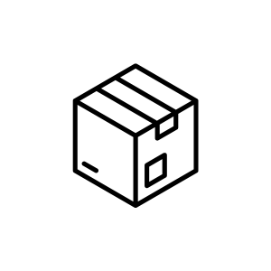 A simple black and white line drawing of a closed cardboard shipping box with taped seams and a label, shown on a light gray background.