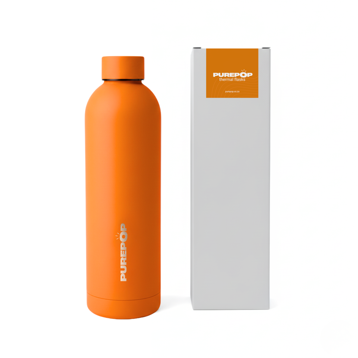 A Sunset Orange Purepop Core Series leakproof water bottle is placed beside a tall white box with an orange label reading "Purepop Thermal Flask," showcasing its excellent thermal insulation.