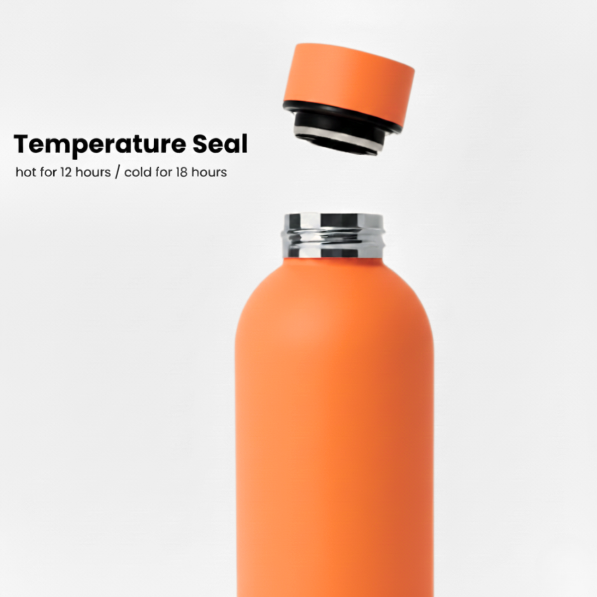 A Purepop Core Series | Sunset Orange leakproof water bottle with thermal insulation, lid floating above its silver neck. Text: Temperature Seal—hot 12h / cold 18h. Fits car cup holders. Shown on a white background.