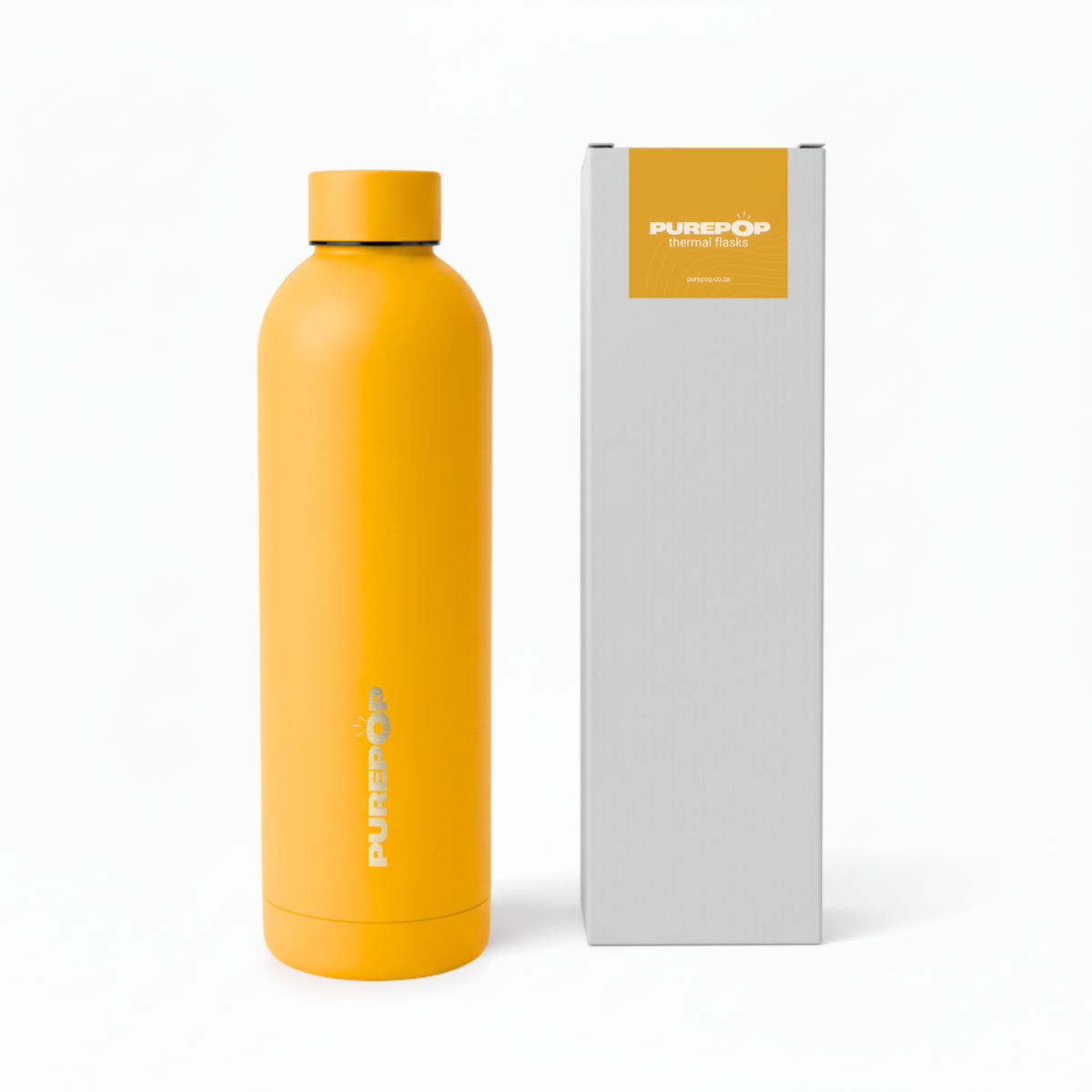 A vibrant Sunshine Yellow Core Series Purepop leakproof water bottle stands by its white box with a matching yellow label. Designed with thermal insulation, it has a sleek look against a plain white background.