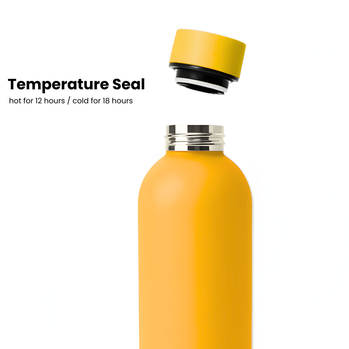 A Purepop Core Series | Sunshine Yellow leakproof water bottle with its lid floating above. Text: Temperature Seal: hot 12 hrs / cold 18 hrs. Thermal insulation; fits car cup holders. Background: white.